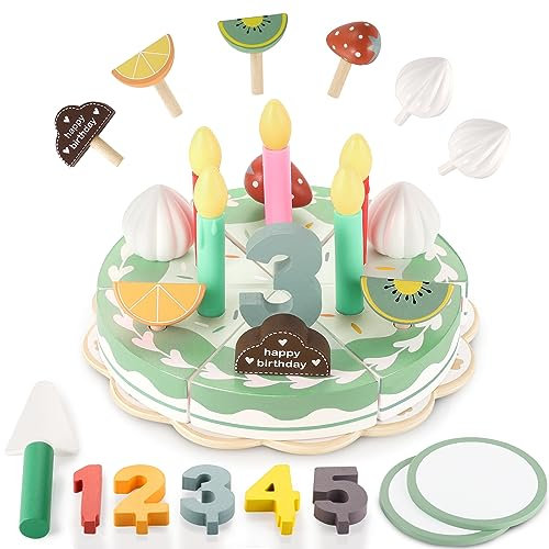 GAGAKU Giocattolo di legno per torta di compleanno, gioco di ruolo per bambini, gioco di ruolo fai da te per tagliare la torta di compleanno con candele, regalo per bambini e bambine
