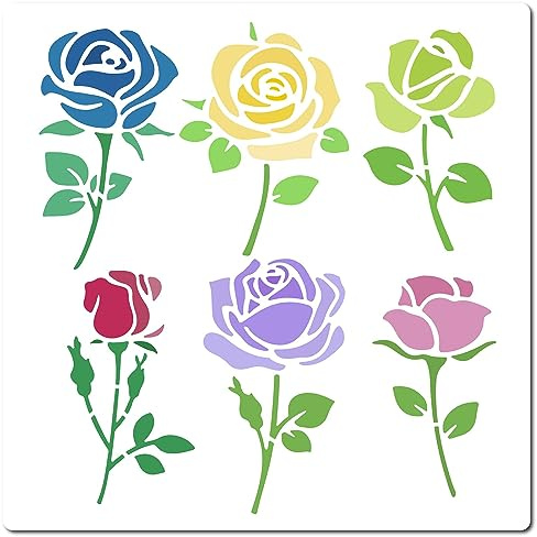 GORGECRAFT Rosen-Schablone Blumen Mit Blättern Vorlagen 18x18 cm Einzelnes Rosenstrauß-Muster Wiederverwendbar Quadratisch Kunststoff-Schablonen Schild Zum Malen Auf Wand Leinwand Stoff Notizbuch