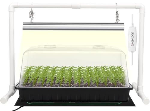 SOLIGT 1020 Size Seed Starter Kit with Grow Light and Heat Mat – 7 Humidity Dome, 6x12 Cell Seed Starter Tray, Bright-Adjustable with 8/12/18H Timer & Stand for Seed Starting & Seedling Propagation