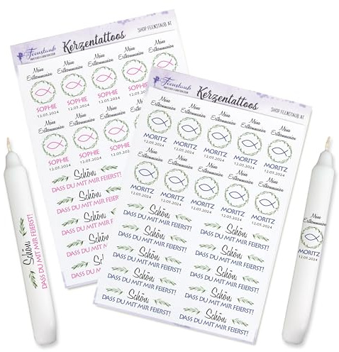 Kerzen Tattoos für die Kommunion, Erstkommunion Gastgeschenke personalisiert, Tischdeko Konfirmation, Aufkleber für Kerzen, Fisch firmung Kerzentattoos, DIY Give-Aways gestalten, Kerzenfolie Feenstaub