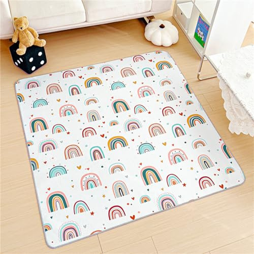 Treer Unterlage für Hochstuhl Baby, Karikatur Stil Hochstuhl Bodenmatte Wasserdicht Spritzmatte für Hochstuhl, Rutschfest Krabbelmatte Faltbar Bodenschutzmatte (130x130cm,Regenbogen)