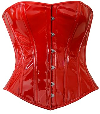 Hi-GERMANWEARS Women's Black and Red Patent PVC Overbust Corset Gothic Steampunk Lace-Up Bustier Top Sexy Waist Trainer Body Shaper Victorian Style, rojo, 5X-Large