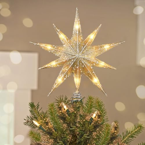 Luxspire Punta per Albero di Natale, Stella Luminosa con Collegamento USB e Telecomando, Decorazione Natalizia in Metallo LED da 9,8, Ornamento Vintage Moderno per Albero di Natale, Champagne Gold