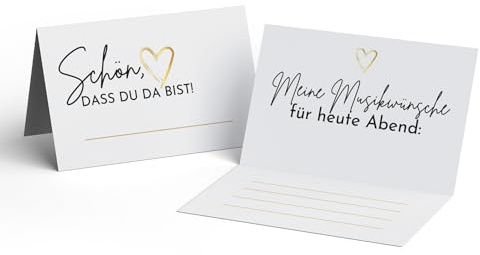 Tischkarten Hochzeit (50 Stück) Goldene Platzkarte zum Geburtstag mit Musikwunschkarte in der Innenseite I Stabile Namenskarte (8,5cm x 5cm) Schön, dass Du da bist