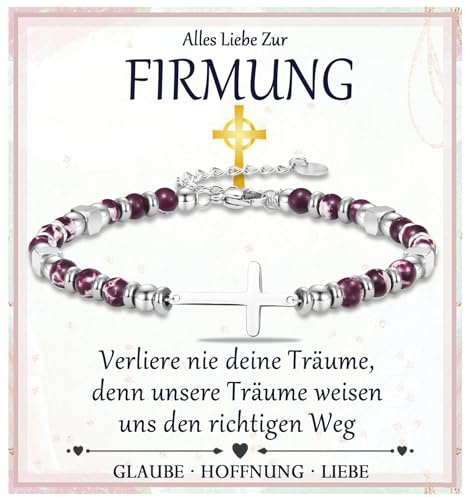 FAOMZQ Regalo per battesimo, cresima, comunione, bracciale con croce per ragazze, figlia, nipote, sorella, figlioccia, figlioccia, figlioccia, nonno, battesimo, 22 Zentimeter, Perle