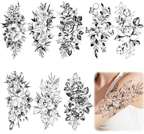 8 Blätter Temporäre Tattoos Große Blume, 3D Tattoo Aufkleber | Frauen Männer Fake Tattoos, Wasserdicht Realistische Temporary Tattoos, Sexy Pfingstrose Temporäre Tätowierung für Hals/Arm