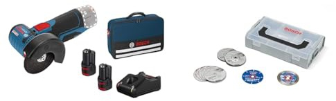 Bosch Professional 12V System Akku Winkelschleifer GWS 12V-76 (inkl. 2x 2.0Ah Akku, 5tlg. Trenn- und Schleifscheiben-Set, Tasche) + 9-teiliges 76mm-Disc Set in mini L-Boxx (für GWS-12V, Ø 76 mm)