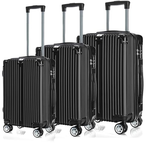 POSH Resväska med hårt skal, rullväska, resväska, handbagage 4 hjul | hårt skal av ABS-material | semesterfodral i M-L-XL-set, svart, SET, Resväska med hårt skal, förstärkt aluminiumram