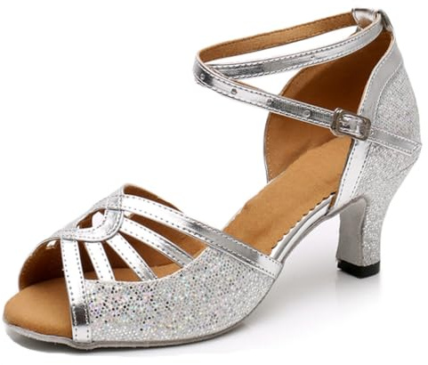 MINITOO bekväma kvinnor latinska skor glitter kväll bröllop sandaler, X025 silver 6 cm klack, 43 EU