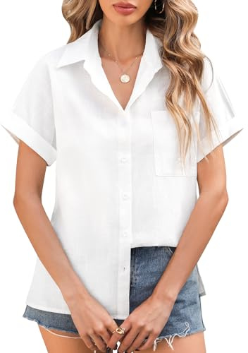 Xnova Chemisier Femme Manche Courte Été Chemise Coton avec Boutons Élégant Lâches Hauts Top Col en V Tunique Chic Blouses pour Travail Décontracté