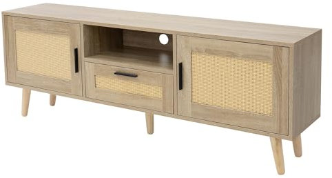 ML-Design TV-Schrank 140x50,5x30 cm Eiche Optik, Fernsehtisch mit 2 Türen, Schublade, Ablage, TV Board Rattanfront, Massivholzfüße, TV Lowboard für Wohnzimmer, Fernsehschrank für Fernseher bis 65 Zoll