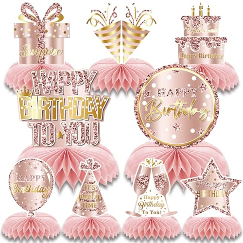 Birthday Honeycomb Decorations 9 Pcs Rose Gold Centerpieces Pink Table Decorations for Birthday Party Happy Birthday Table Centerpieces Party Supplies for Women Girls