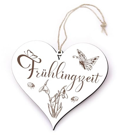 Dekolando Herz Schild Frühlingszeit - Deko Frühling Geschenkidee Dekoschild mit Frühlingsmotiven - Türschild Schneeglöckchen - 13 x 12 cm
