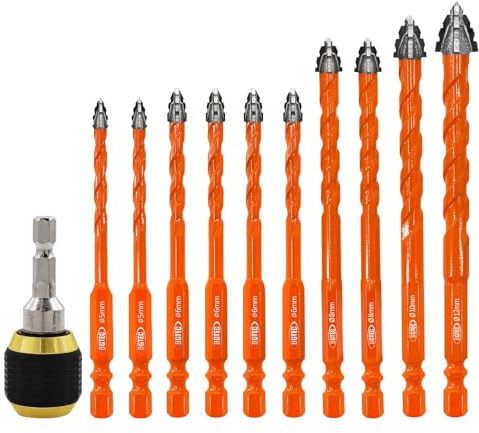 BGTEC Steinbohrer Set 10 tlg. Fliesenbohrer für Beton und Glas Ø 5-12 mm | 4-Schneiden-Hartmetallspitze, Bohrerset für Fliesen, Glas, Marmor, Beton und Mauerwerk, Adapter für schnellen Wechsel
