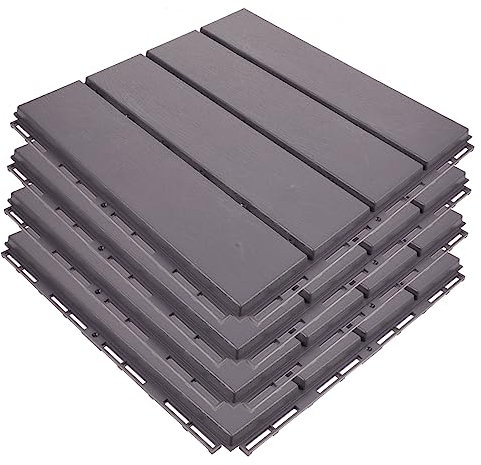 ETHZZLE 4pcs Interlocking Wood Plastic Decking Tiles Outdoor Patio Flooring Grey Brown 30x30cm Weather Resistant Outdoor Deck Tiles for Balcony Terrace