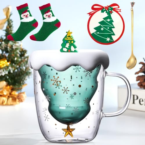 Purpledi Tasse de Noël Verres à Double, Tasses à Café D'arbre de Noël Tasse à Café,Tasse de Double Paroi Coupe en Verre Sapin de Poignée Parfait pour Latté