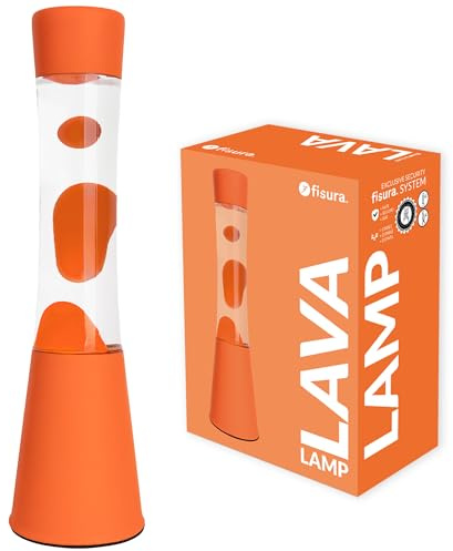 Fisura - Lava Lampe orange. Orangefarbene Basis und Lava mit transparentem Flüssigkeit. Entspannender Effekt. Mit Ersatzbirne. Maße: 11 cm x 11 cm x 39,5 cm.