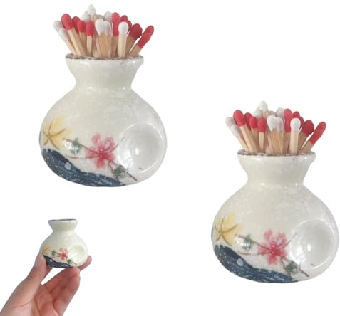 SUZLFTDZSW 2 Pack Match Holder,Handmade Ceramic Match Box for All Matches with 6 Pcs Strikers,Cute Home Decor Match Jar with Striker for Candle,Fireplace,Christmas Gifts Easter Gift(Without Matches)