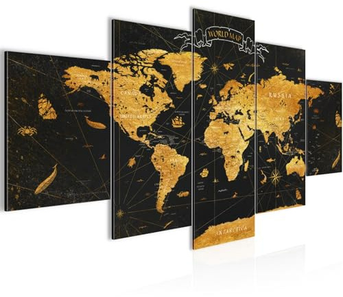 Runa Art Wandbilder Abstrakt 5 Teilig Bild auf Vlies Leinwand Deko Wohnzimmer Schlafzimmer Biuro Schwarz Gold Weltkarte gold 056452a