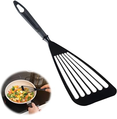 Fish Spatula, Nylon Square Slotted Spatula Turner with Stainless Steel Handle, Egg Flipper for Non-Stick Pans, Heat Resistant to 210°C, 17.6 x 9.1 cm, Lightweight Black Kitchen Spatula