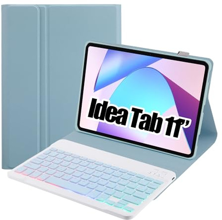 SUEEWE Tastatur Hülle für Lenovo Idea Tab Tablet 11, TPU Rückseite Hülle mit 3 Bereich 7 Farbe Beleuchtete Abnehmbarer QWERTZ Tastatur, Blau