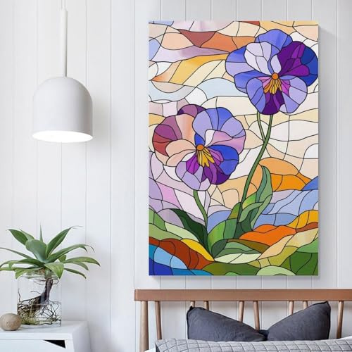 POLIUAWS Stained Glass Pansies Art Work for Home Walls for Gifts Bathroom Home Kitchen Office Decor Modern Wall Art 08x12inch(20x30cm)