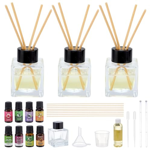 WEBEEDY 3 Set di Fabbricazione di Diffusore a Canna Completa Creare Diffusori Personalizzati per la Casa con Olio Mandorla Oli Essenziali Bottiglie di Vetro Bastone di Canna e Strumenti
