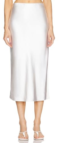 Cantonwalker 2026 Women Satin High Waist Midi Skirt with Side Slit Zipper Elastic Waistband Business Casual Skirt White Large