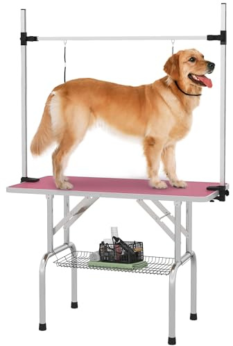 PawHut Mesa de Peluquería Canina Plegable Perros/Gatos 107x60x164 cm Rosa