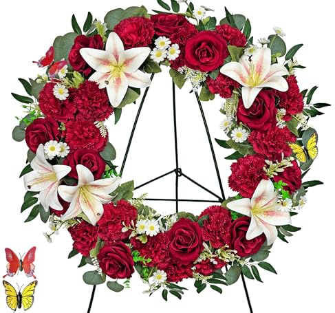 MUVIC Artificial Flower Cemetery Wreath with Grave Holder, Memorial Day Wreaths for Gravesit Decoration,Funeral Wreath-,Red Rose Carnation Daisy Lily