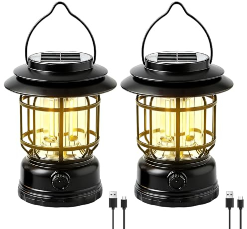 2 Stück Retro Campinglampe LED, Campinglampe Solar & Aufladbar, Camping Laterne Dimmbar, Zeltlampe zum Aufhängen, IPX4 Wasserdicht, Tragbar für Outdoor, Camping, Wandern