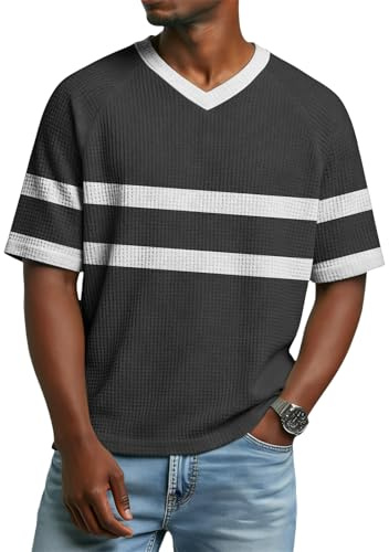 Camiseta Hombre Manga Corta V con Cuello Pico y Diseño Raglan - Polo Casual de Rayas de Dos Colores para Diario, Deporte y Gym