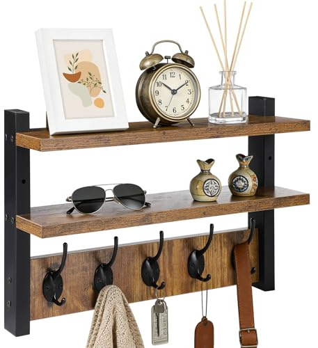 IRONDELIC Wandgarderobe Holz, Wandregal Hängeregal Wandmontage, 2 Ablage | 41,5cm Garderobe mit 5 Metall Haken, für Eingang, Flur, Schlafzimmer, Wohnzimmer, Vintagebraun-schwarz