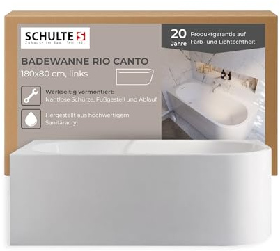 Schulte Badewanne Rio Canto links 180x80 cm, inkl. Fußgestell und Ablauf Push-Up mt Schlitzüberlauf, aus hochwertigem wärmedämmenden Acryl in Weiß glänzend