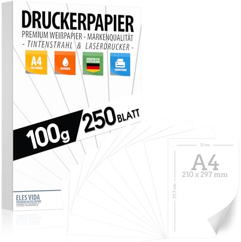 Skrivarpapper a4 100 g vitt – 250 ark – premiumpapper rent vitt | skrivarpapper tjock tjocklek – kopieringspapper, laserskrivare och bläckstråleskrivare, universitet, ansökan, kontor och