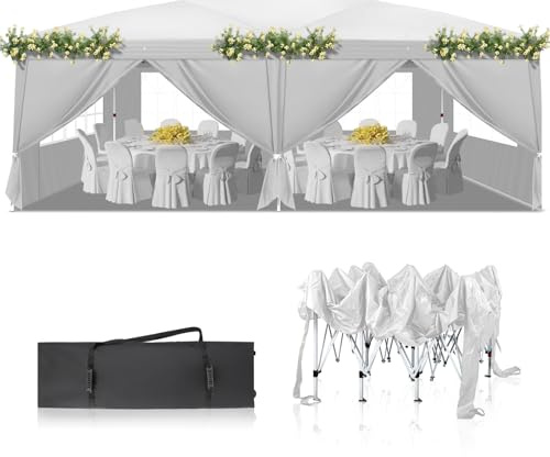 LEADZM Gazebo 3x6m Pieghevole con 6 Pareti Laterali, Tenda da Giardino Regolabile in Altezza Impermeabile UV 50+ Antivento con Borsa da Trasporto (Bianco, 3x6m-6)
