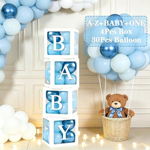 67 st babyshower dekorationslådor pojke – babyshower ballonglådor med 30 blå ballonger, 33 bokstäver (OEN + BABY+A-Z), blå babybox festballong för pojke födelsedagsfest dekoration dop gör-det-själv