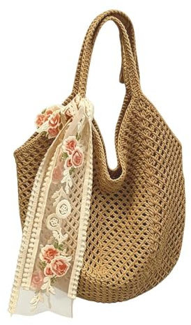 Generisch Borsa da spiaggia all'uncinetto, design a rete con rose, pizzo e nastro, borsa da spiaggia estiva, per shopping, viaggi, appuntamenti e per riporre occhiali da sole, cachi, Siehe