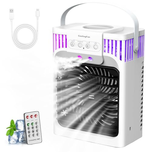 Klimaanlage Mobil, 4-in-1-Mobile Klimageräte mit Fernbedienung/3 Geschwindigkeiten/3 Nebelmodi/1200-ml-Wassertank/2-8-Stunden-Timer/Nachtlicht, Klimaanlage ohne Abluftschlauch für Zimmer Büro Camping