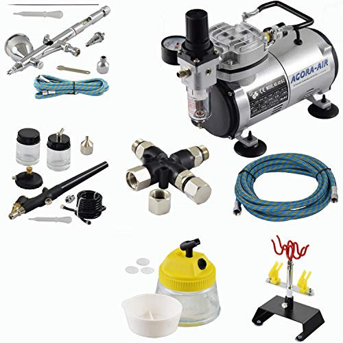 Agora-Tec® Airbrush Komplett-Set EXPERT XII.3, inkl. Kompressor mit 4 bar und 20l/min + 2 Airbrushpistolen mit 0,2 & 0,3 & 0,8mm Nadeln/Düsen + 3-fach Luftverteiler + 4fach-Halter + Clean-Pot + 2 Schläuche + Adapter