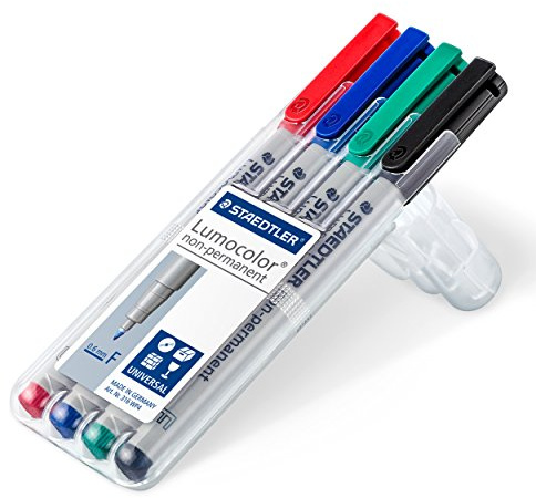 Staedtler Lumocolor 316 WP4 - Pennarello per pellicole, non permanente, con punta a F, larghezza ca. 0,6 mm, alta qualità, made in Germany, set con 4 colori)