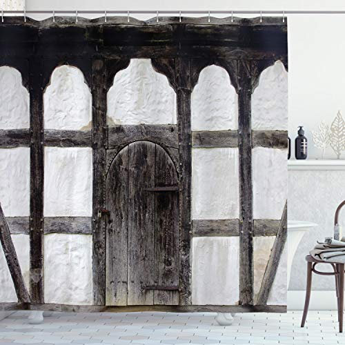 ABAKUHAUS Rustikal Duschvorhang, Grunge Bauernhof Tür, Stoffliches Gewebe Badezimmerdekorationsset mit Haken, 175 x 200 cm, Charcoal Weiß