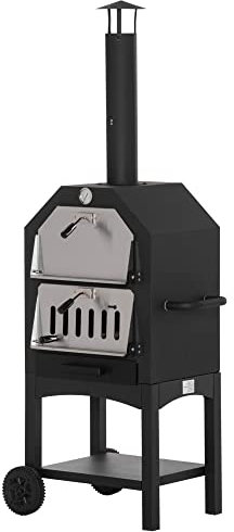 Outsunny Outdoor Garden Pizza Oven Charcoal BBQ Grill 3-Tier Freestanding w/Chimney, Mesh Shelf, Thermometer Handles, Wheels Garden Party Gathering Stainless Steel Cooker