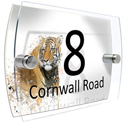 Colourbat Watercolour Animals Personalised Modern House number Sign Name and Number Street Wall Plaque (Tiger Portrait)