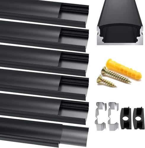 Chesbung LED Aluminium Profil Schwarz, 6X1m U Form Kanäle Leisten Profil, LED Eckprofil Aluprofil für LED Streifen (1-12mm), mit Endkappen, Metall Befestigungs Clips und Montagematerial