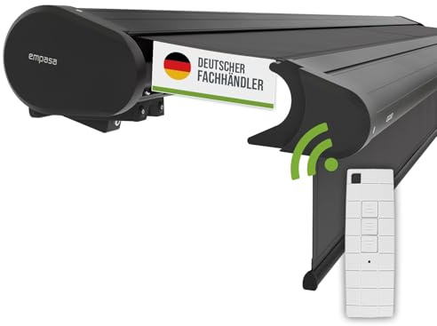 empasa Elektrische Vollkassettenmarkise 'Premium' Kassettenmarkise | Gelenkarmmarkise Markise Sonnenschutz mit manuell ausfahrbarem Volant, komplett vormontiert, Farbe:anthrazit, Größe:4.5 x 3 m