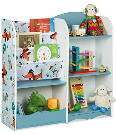 Relaxdays Kinderregal, 7 Fächer für Bücher & Spielzeug, Hundemotiv, HxBxT: 84 x 86 x 26 cm, Kinderzimmerregal, bunt