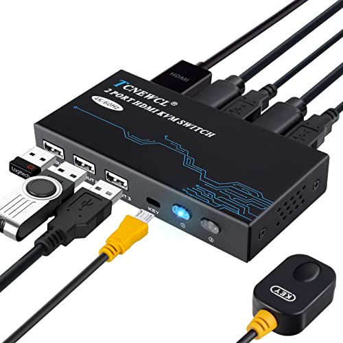 TCNEWCL HDMI KVM Switch 4K@60Hz, 4K KVM Switch for 2 Computer Share 1 Monitor and 3 USB Devices Keyboard Mouse Printer, Included 2 HDMI and 2 USB Cables
