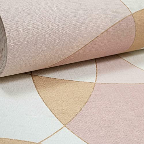 SOPHIE LAURENCE Plain Pink Orange White Metallic Gold Circles Non-Woven Textured Wallpaper (Retro Pattern Pink/Orange/Gold/White)