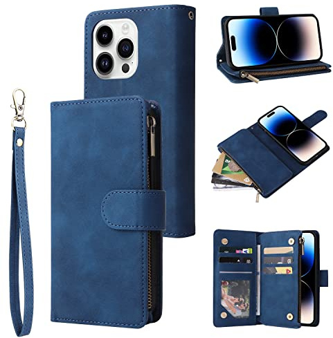 QLTYPRI Case for iPhone 14 Pro Max, Large Capacity Leather Wallet Case 6 Card Holder & 1 Zipper Pocket Kickstand Wrist Strap Magnetic Case for iPhone 14 Pro Max - Blue